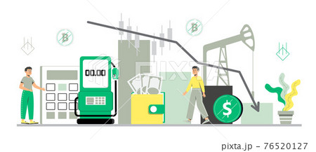Oil price decreasing concept vector. Petroleum stock market crisis, default. Coronavirus impact on falling oil prices. Arrow goes to zero. Tiny businessmen in a panic. Gas station, barrel 76520127