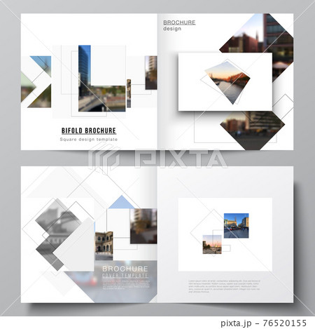 Vector layout of two covers templates with geometric simple shapes, lines and photo place for square design bifold brochure, flyer, magazine, cover design, book, brochure cover. 76520155
