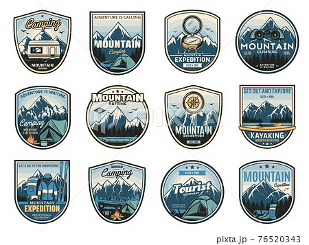 Mountain camping expedition travel adventure icons 76520343