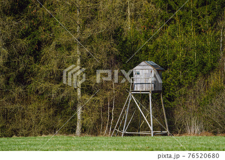 Wooden lookout tower for hunting in the woods and on meadow Wooden lookout tower for hunting in the woods and on meadow 76520680