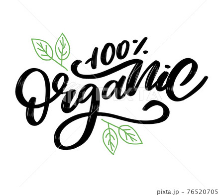 Organic brush lettering. Hand drawn word organic with green leaves. Label, logo template for organic products, healthy food markets. Organic brush lettering. Hand drawn word organic with green leaves. Label, logo template for organic products, healthy food markets. 76520705