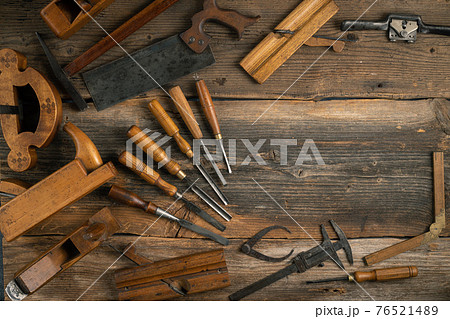 Joinery tools on wood table background with copy space 76521489
