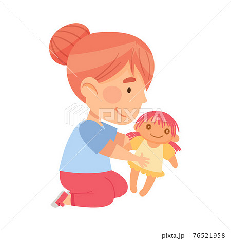 Little Girl Sitting on the Floor and Playing with Toy Doll in Kindergarden Vector Illustration Little Girl Sitting on the Floor and Playing with Toy Doll in Kindergarden Vector Illustration 76521958