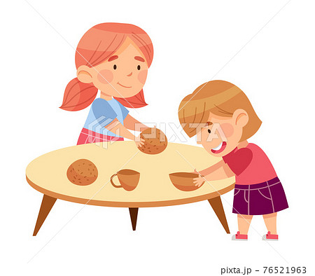 Cute Little Girls in Kindergarden at Table Playing with Pottery Ware Vector Illustration 76521963