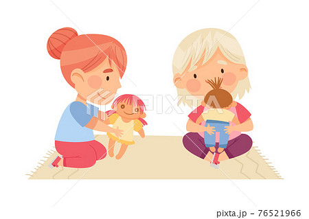 Cute Little Girls Sitting on Rug and Playing with Dolls in Kindergarden Vector Illustration 76521966