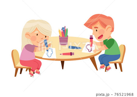 Little Boy and Girl at Table Drawing with Felt Pens in Kindergarden Vector Illustration 76521968