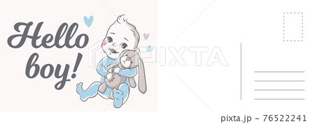 Hello baby card. Newborn child birthday party invitation and greeting, little cute boy in blue clothes with bunny toy, letter template and copy space vector minimalistic illustration Hello baby card. Newborn child birthday party invitation and greeting, little cute boy in blue clothes with bunny toy, letter template and copy space vector minimalistic illustration 76522241
