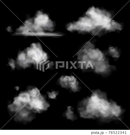 Cloud realistic. Sky white clouds in air, fog effect fluffy frame, cloudy weather background, cloudscape texture, climate meteorology transparent element. Vector isolated background set Cloud realistic. Sky white clouds in air, fog effect fluffy frame, cloudy weather background, cloudscape texture, climate meteorology transparent element. Vector isolated background set 76522341