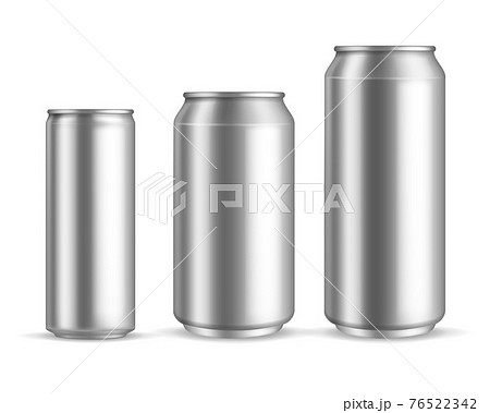 Aluminum cans realistic. Metallic blank beer or soda, water or juice can, silver empty drink packaging 300 330 500 ml. Marketing branding container mockup collection. Vector isolated set 76522342