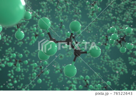 Molecule of hexachloropropene, ball-and-stick molecular model. Scientific 3d rendering 76522643