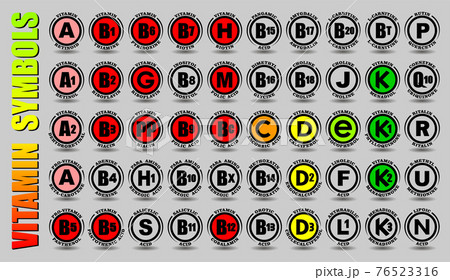 Full complex set of all vitamins A, B, C, D, E, K icons and non-vitamin F, G, H, J, L, M, N, P, Q, R, S, U signs with vector symbols and chemical element names Full complex set of all vitamins A, B, C, D, E, K icons and non-vitamin F, G, H, J, L, M, N, P, Q, R, S, U signs with vector symbols and chemical element names 76523316