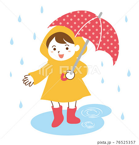 雨の中レインコートを着て傘をさす女の子のイラスト 白背景のイラスト素材