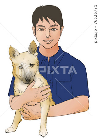 大型犬を抱く若い男性ドッグトレーナーのリアルなイラストのイラスト素材