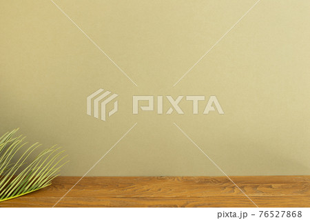 Tropical dry leaf on wooden table. khaki beige background 76527868