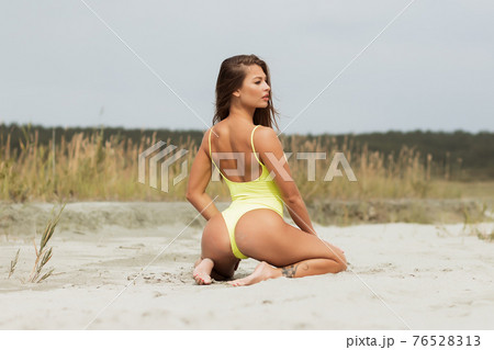 Erotic brunette in swimsuit posing on seashore 76528313