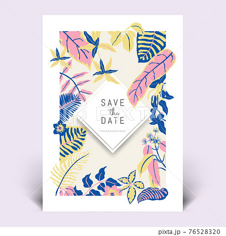 Colorful botanical invitation card template design, hand drawn tropical plants 76528320