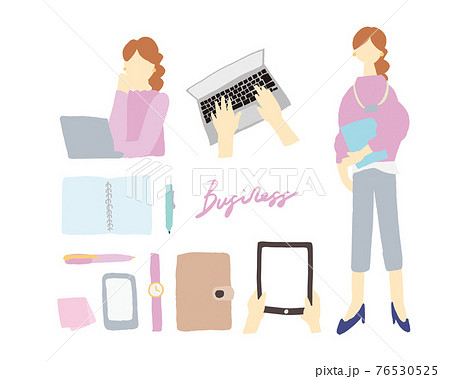 働く女性の全身イラストと仕事道具のセットのイラスト素材