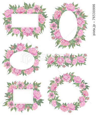 Design set with floral borders and frames of beautiful peony flowers isolated on white. Hand drawn watercolor illustration, season summer and spring concept Design set with floral borders and frames of beautiful peony flowers isolated on white. Hand drawn watercolor illustration, season summer and spring concept 76530996