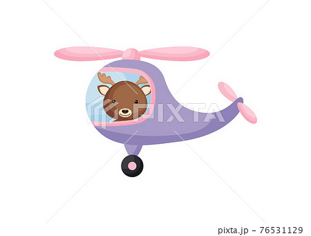 Cute little moose pilot in violet helicopter. Cartoon character for childrens book, album, baby shower, greeting card, party invitation, house interior. Vector stock illustration. Cute little moose pilot in violet helicopter. Cartoon character for childrens book, album, baby shower, greeting card, party invitation, house interior. Vector stock illustration. 76531129