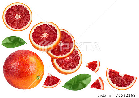 Blood red oranges slices isolated on white background with clipping path. Top view with copy space for your text. Flat lay 76532168