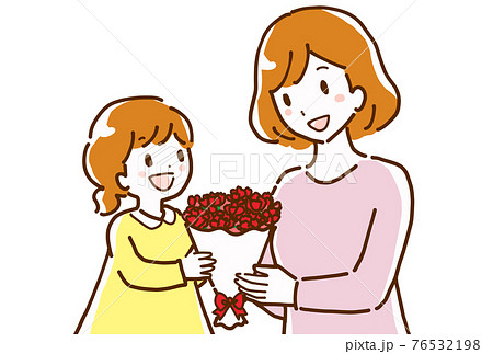 母の日に母親にカーネーションの花束を渡す女の子の子どもの線画イラストのイラスト素材