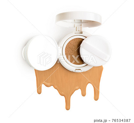 Liquid cushion with smeared sample, Cosmetic face powder isolated on white background Liquid Tonal fluid for the face flows down on a white background Liquid cushion with smeared sample, Cosmetic face powder isolated on white background Liquid Tonal fluid for the face flows down on a white background 76534387