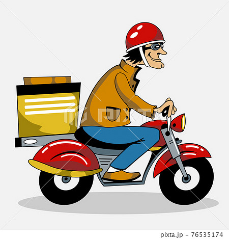 Young man in a helmet on a motocycle delivering packages all over the city. 76535174
