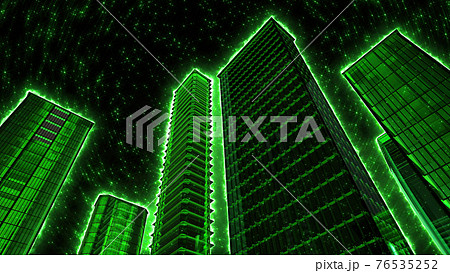 Green skyscrapers on the background of the night starry sky. 76535252