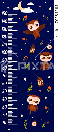 Height chart for kids with cute animal character owl in diffirent poses on starry night background, sweet dreams 76535285