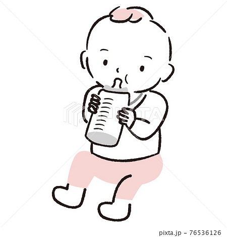 手描き1color 赤ちゃん 自分でミルクを飲むのイラスト素材 76536126 Pixta