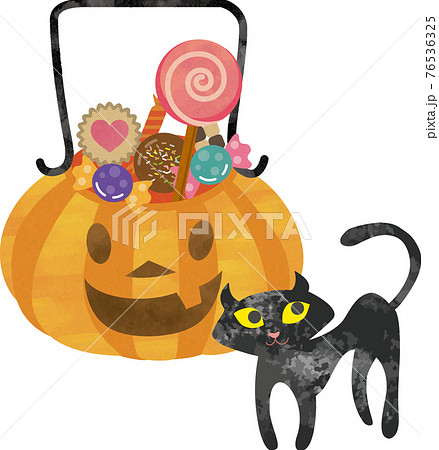 ハローウィン ジャックオランタン 秋 かぼちゃ お菓子 黒猫のイラスト素材