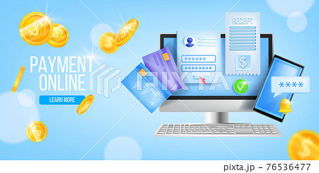 Online payment, internet bill, vector digital tax landing page background, computer, coins, card 76536477