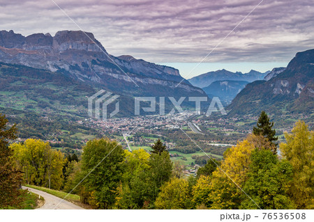 French Alps in autumn. Road near Megeve, France, Europe. The mountains of Haute Savoie near Chamonix-Mont-Blanc 76536508