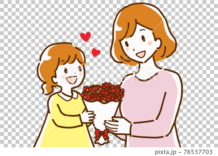 母の日に大好きな母親にカーネーションの花束を渡す女の子の子どもの線画のイラストのイラスト素材