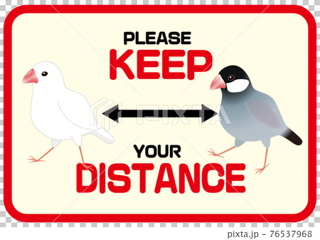 KEEP DISTANCE 我們禮貌地詢問的英語社交距離標誌 鳥類和爪哇麻雀 KEEP DISTANCE 我們禮貌地詢問的英語社交距離標誌 鳥類和爪哇麻雀 76537968