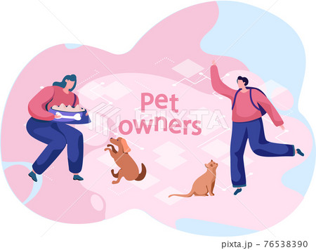 Woman with bowl of food going to feed dog. Man is training his cat during walk. Owners train pets 76538390