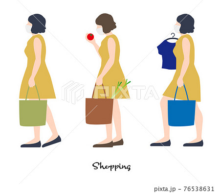 マスクの女性 買い物 ショッピング コロナ禍 花粉症 エコバック ベクター 76538631