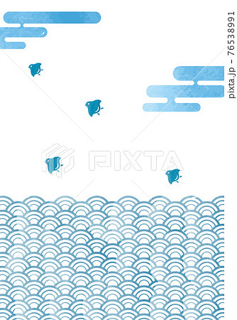 和柄波千鳥の背景イラスト 浮世絵風大波と千鳥 年賀状暑中見舞い素材水彩タッチのイラスト素材