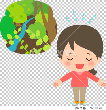 Image of a young woman taking a deep breath and a forest 76540306
