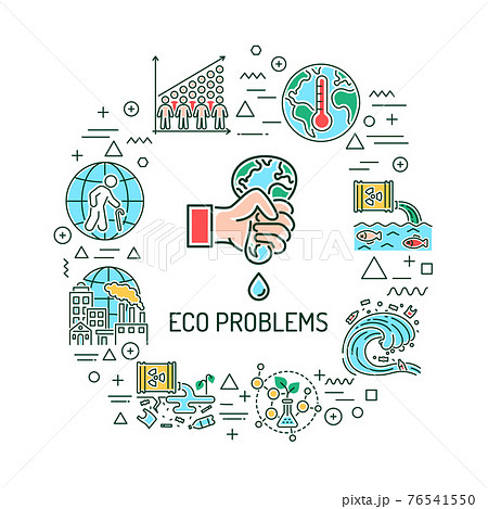Eco problems web banner. Infographics with linear icons on white background. Creative idea concept. Isolated outline color illustration Eco problems web banner. Infographics with linear icons on white background. Creative idea concept. Isolated outline color illustration 76541550