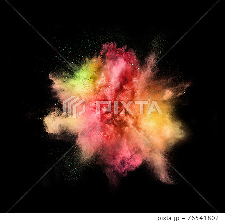 Explosion of colored, fluid and neoned powder on black studio background with copyspace Explosion of colored, fluid and neoned powder on black studio background with copyspace 76541802