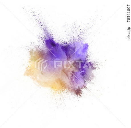 Explosion of colored, fluid and neoned powder on white studio background with copyspace 76541807