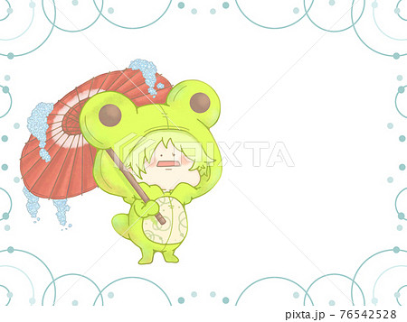 和傘をさすカエルさん　梅雨の和風水紋フレーム付き　緋色ver 76542528