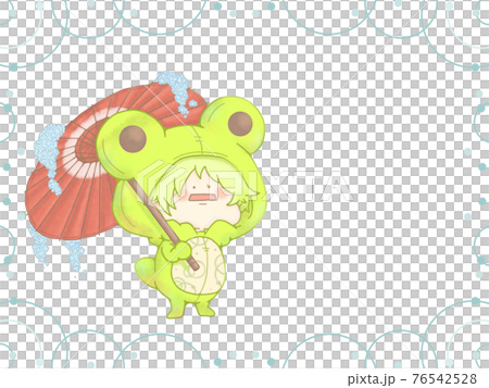 和傘をさすカエルさん　梅雨の和風水紋フレーム付き　緋色ver 76542528