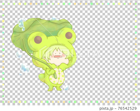 Frog holding a leaf umbrella with a rainy season dot frame Green ver 76542529