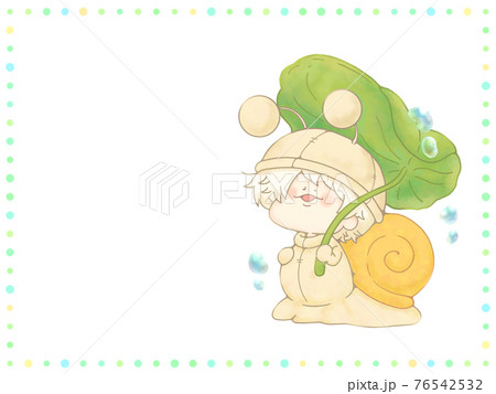 葉っぱの傘をさすカタツムリさん 梅雨のドットフレーム付きのイラスト素材