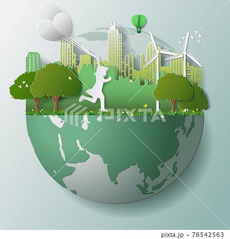 Green renewable energy ecology technology power saving environmentally friendly concepts, girl run and hold balloons in parks near city on globe Green renewable energy ecology technology power saving environmentally friendly concepts, girl run and hold balloons in parks near city on globe 76542563