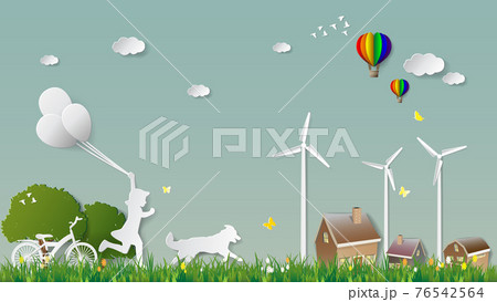 Girl run and hold balloons with dog to village parks countryside, Paper art style vector illustration Girl run and hold balloons with dog to village parks countryside, Paper art style vector illustration 76542564