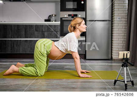 Pregnant Female Doing Cat Pose Marjariasana Exercise At Home, Watching Video Online Lesson 76542606
