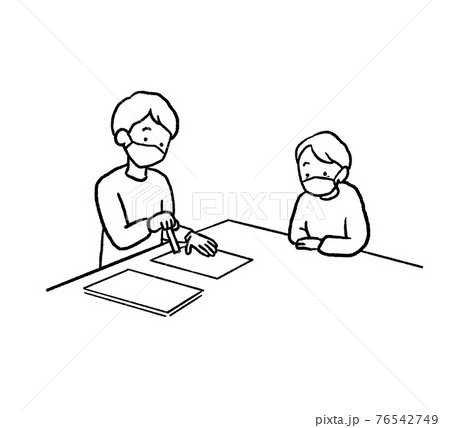 成年後見人の線画イラスト　マスクをして判を押す 76542749